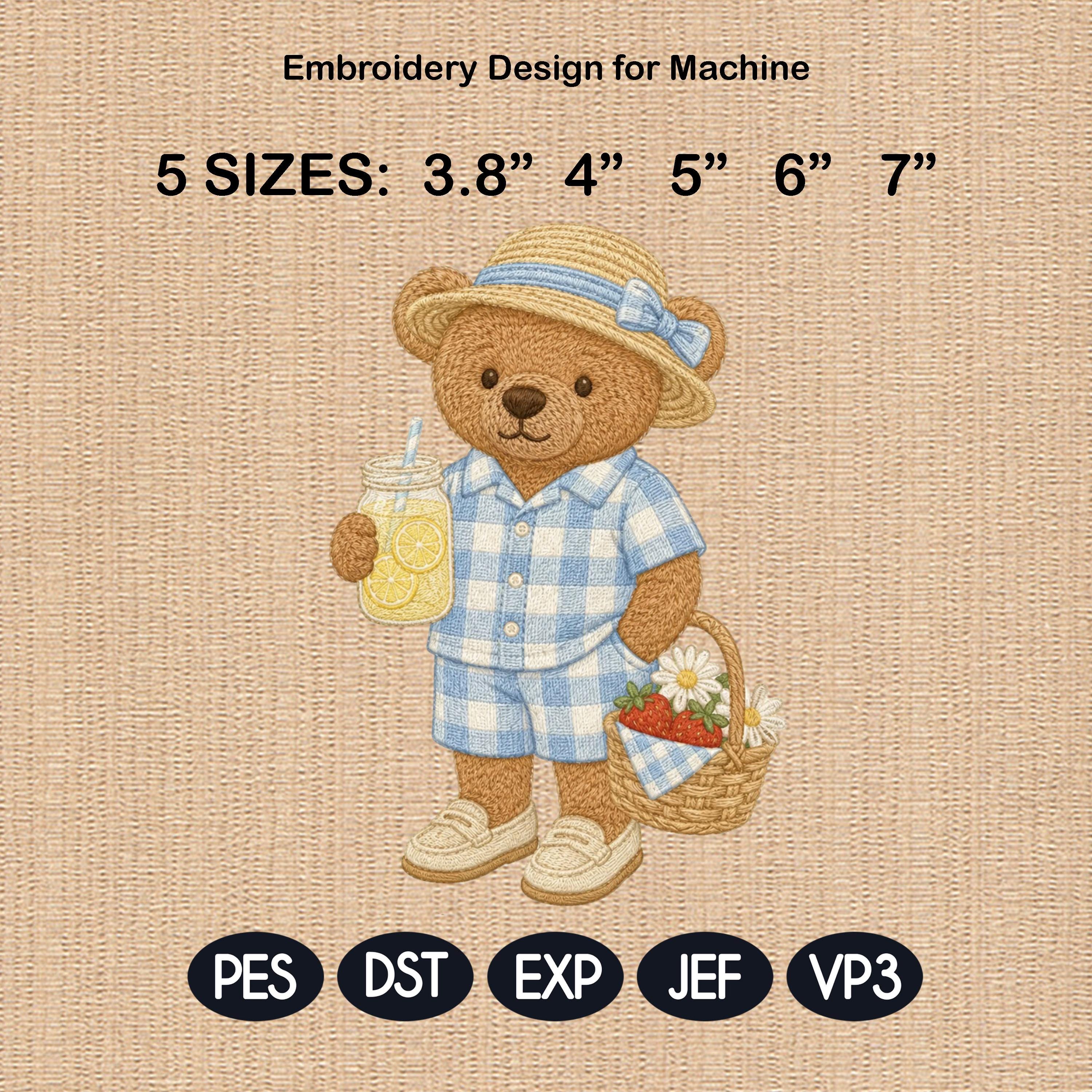 Picnic Teddy Bear Embroidery Design, Lemonade Bear Machine Embroidery File, Summer Basket Stitch Pattern, 5 sizes, Digital Download