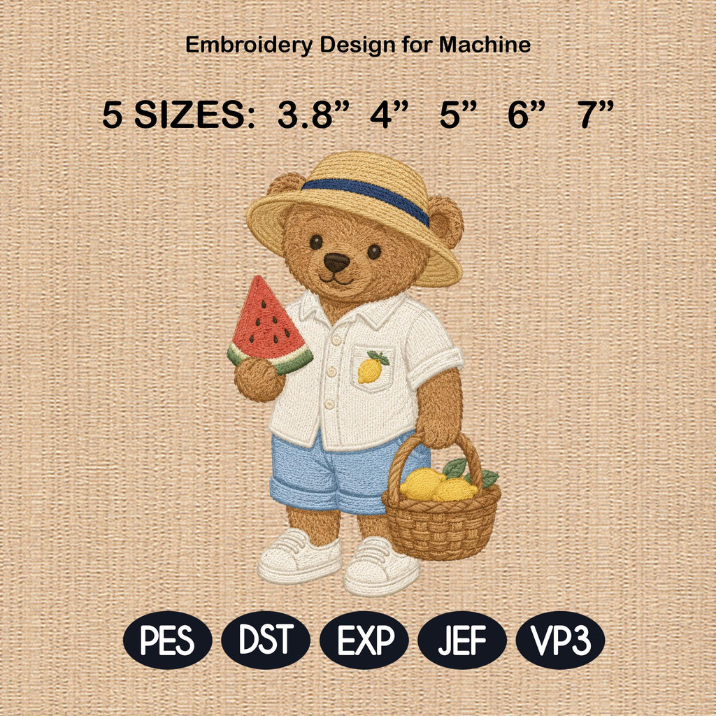 Watermelon Teddy Bear Embroidery Design, Summer Fruit Bear Machine Embroidery File, Cute Stitch Pattern, 5 sizes, Digital Download