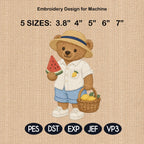 Watermelon Teddy Bear Embroidery Design, Summer Fruit Bear Machine Embroidery File, Cute Stitch Pattern, 5 sizes, Digital Download