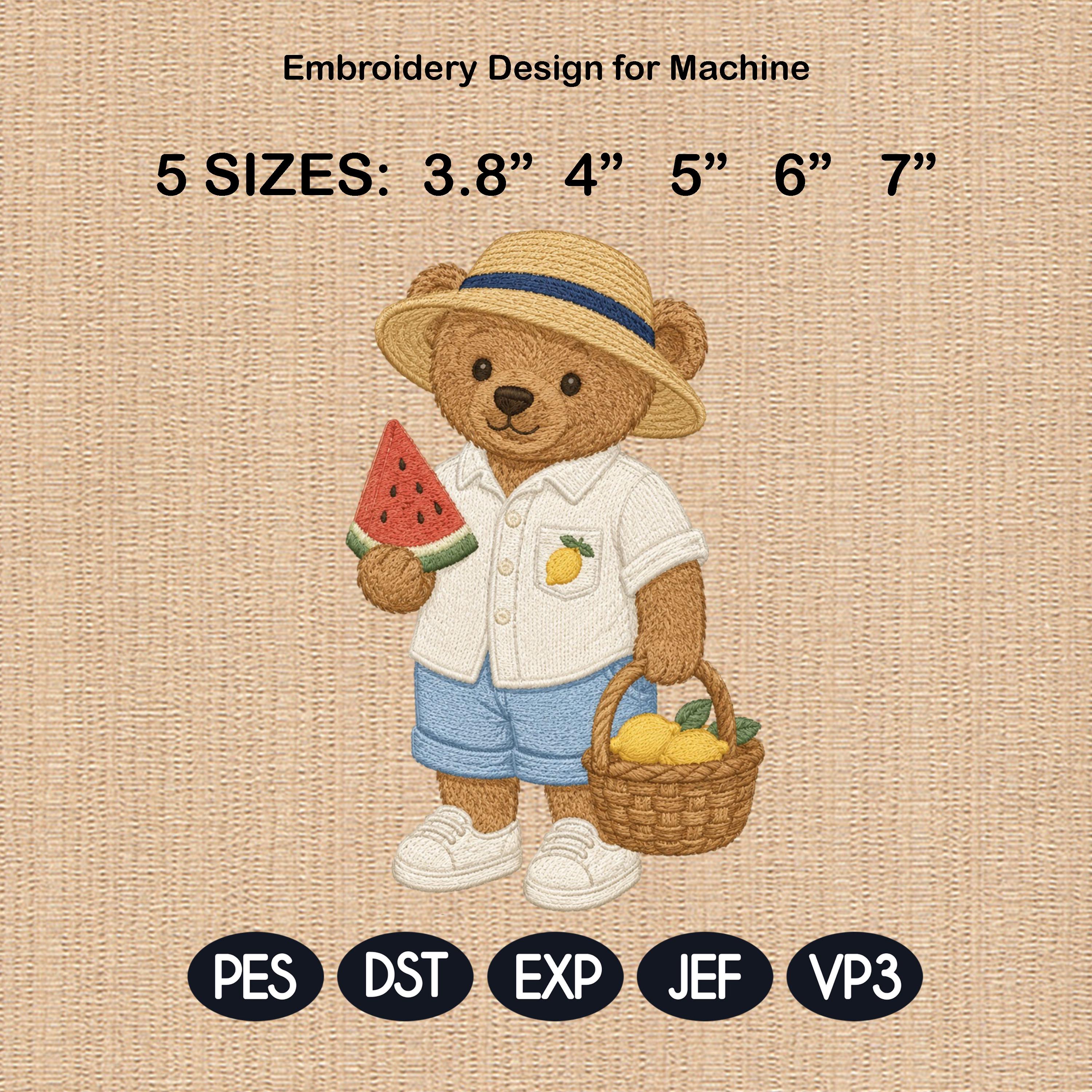 Watermelon Teddy Bear Embroidery Design, Summer Fruit Bear Machine Embroidery File, Cute Stitch Pattern, 5 sizes, Digital Download