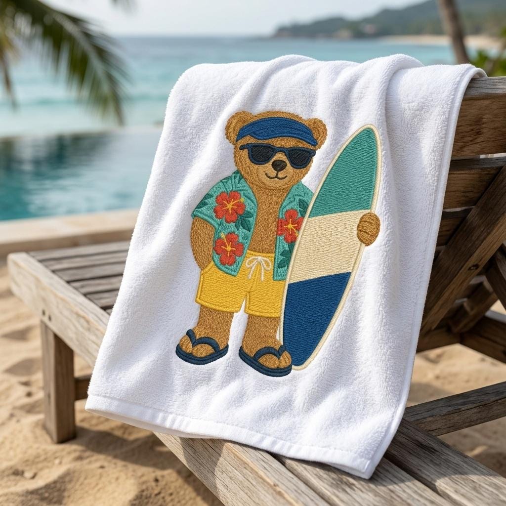 Surfing Teddy Bear Embroidery Design, Beach Surf Bear Machine Embroidery File, Tropical Summer Stitch Pattern, 5 sizes, Digital Download - image 5