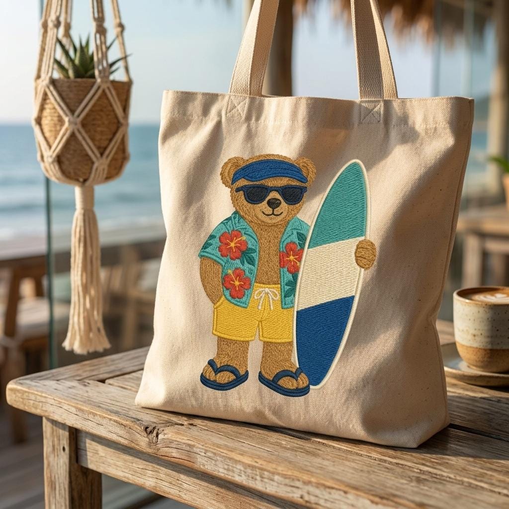 Surfing Teddy Bear Embroidery Design, Beach Surf Bear Machine Embroidery File, Tropical Summer Stitch Pattern, 5 sizes, Digital Download - image 7