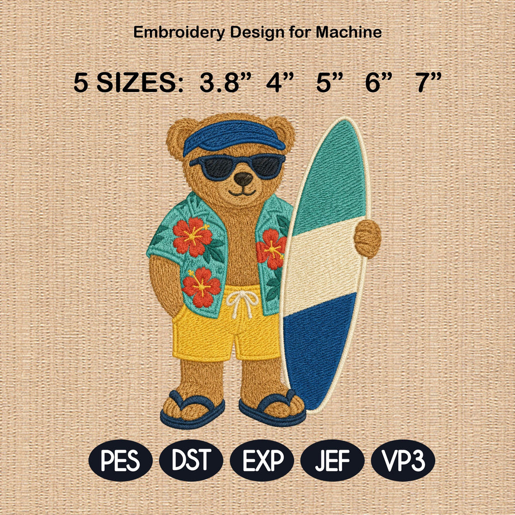 Surfing Teddy Bear Embroidery Design, Beach Surf Bear Machine Embroidery File, Tropical Summer Stitch Pattern, 5 sizes, Digital Download