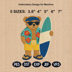 Surfing Teddy Bear Embroidery Design, Beach Surf Bear Machine Embroidery File, Tropical Summer Stitch Pattern, 5 sizes, Digital Download