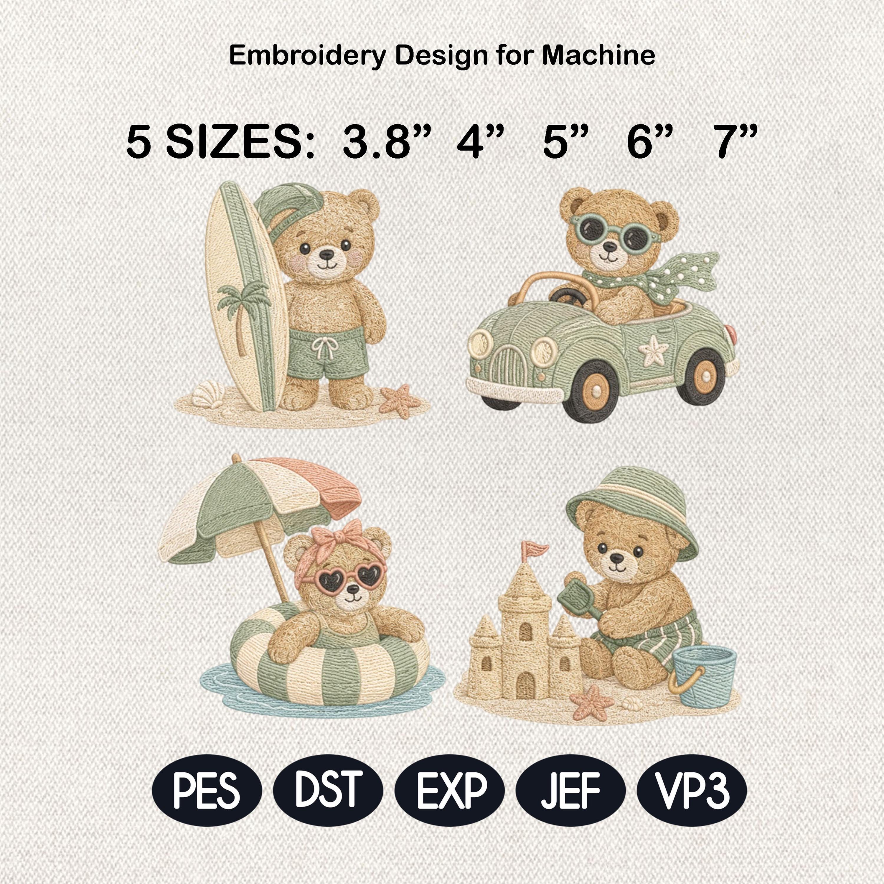 Summer Teddy Bear Embroidery Bundle, Beach Surf Car Sandcastle Machine Embroidery File, Vacation Bear Pattern, 5 sizes, Digital Download