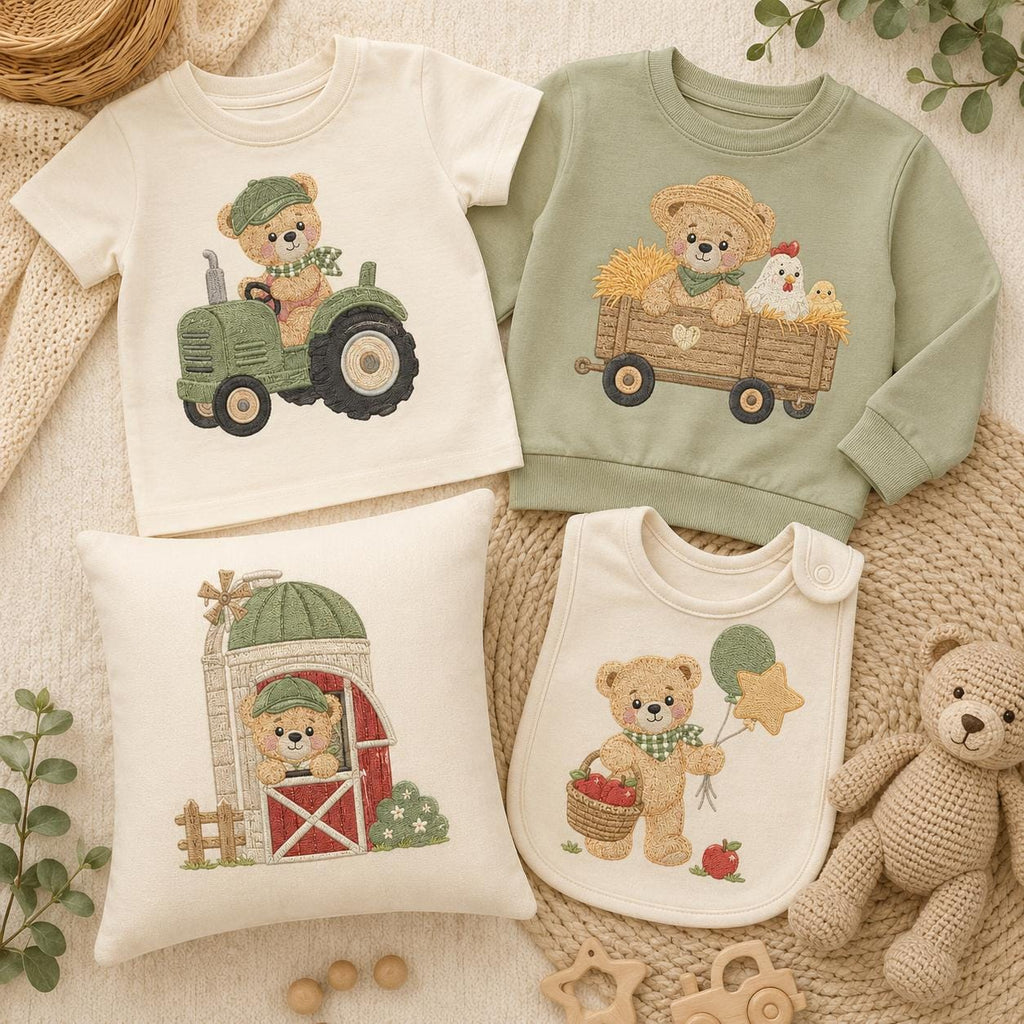 Farm Teddy Bear Embroidery Bundle, Tractor Barn Wagon Apple Machine Embroidery File, Country Nursery Design, 5 sizes, Digital Download - image 7