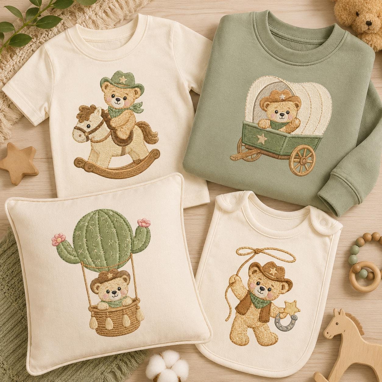 Cowboy Teddy Bear Embroidery Bundle, Western Bear Rocking Horse Wagon Cactus Machine Embroidery File, 5 sizes, Digital Download - image 7