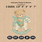 Teddy Bear Rocking Horse Embroidery Design, Cute Baby Bear Nursery Machine Embroidery File, Pastel Kids Decor, 5 sizes, Digital Download