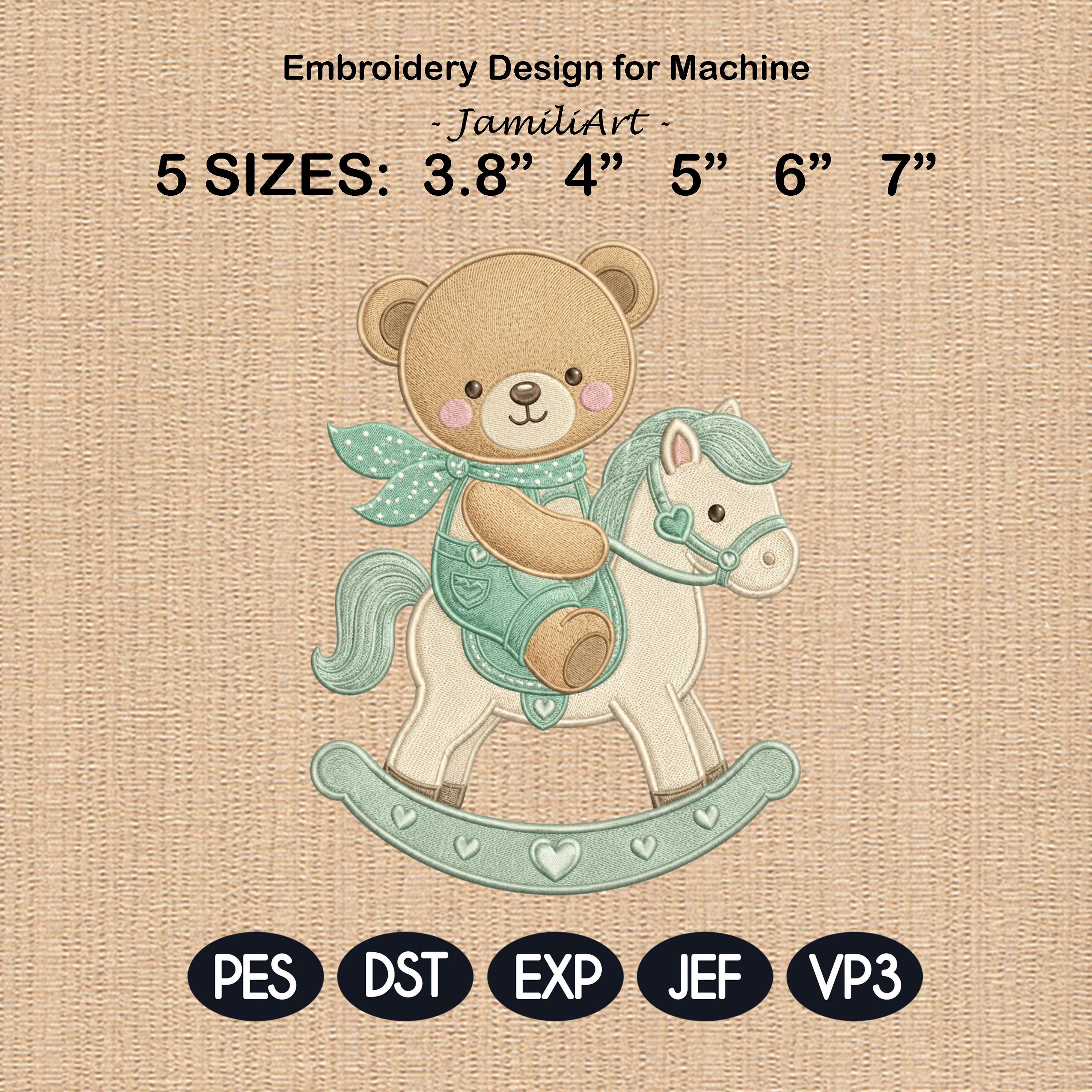 Teddy Bear Rocking Horse Embroidery Design, Cute Baby Bear Nursery Machine Embroidery File, Pastel Kids Decor, 5 sizes, Digital Download