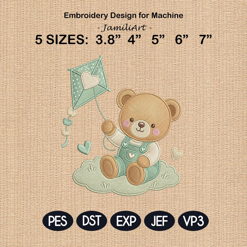 Teddy Bear Kite Embroidery Design, Cute Baby Bear Flying Kite Machine Embroidery File, Nursery Kids Decor, 5 sizes, Digital Download