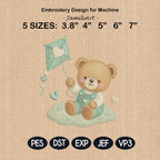 Teddy Bear Kite Embroidery Design, Cute Baby Bear Flying Kite Machine Embroidery File, Nursery Kids Decor, 5 sizes, Digital Download