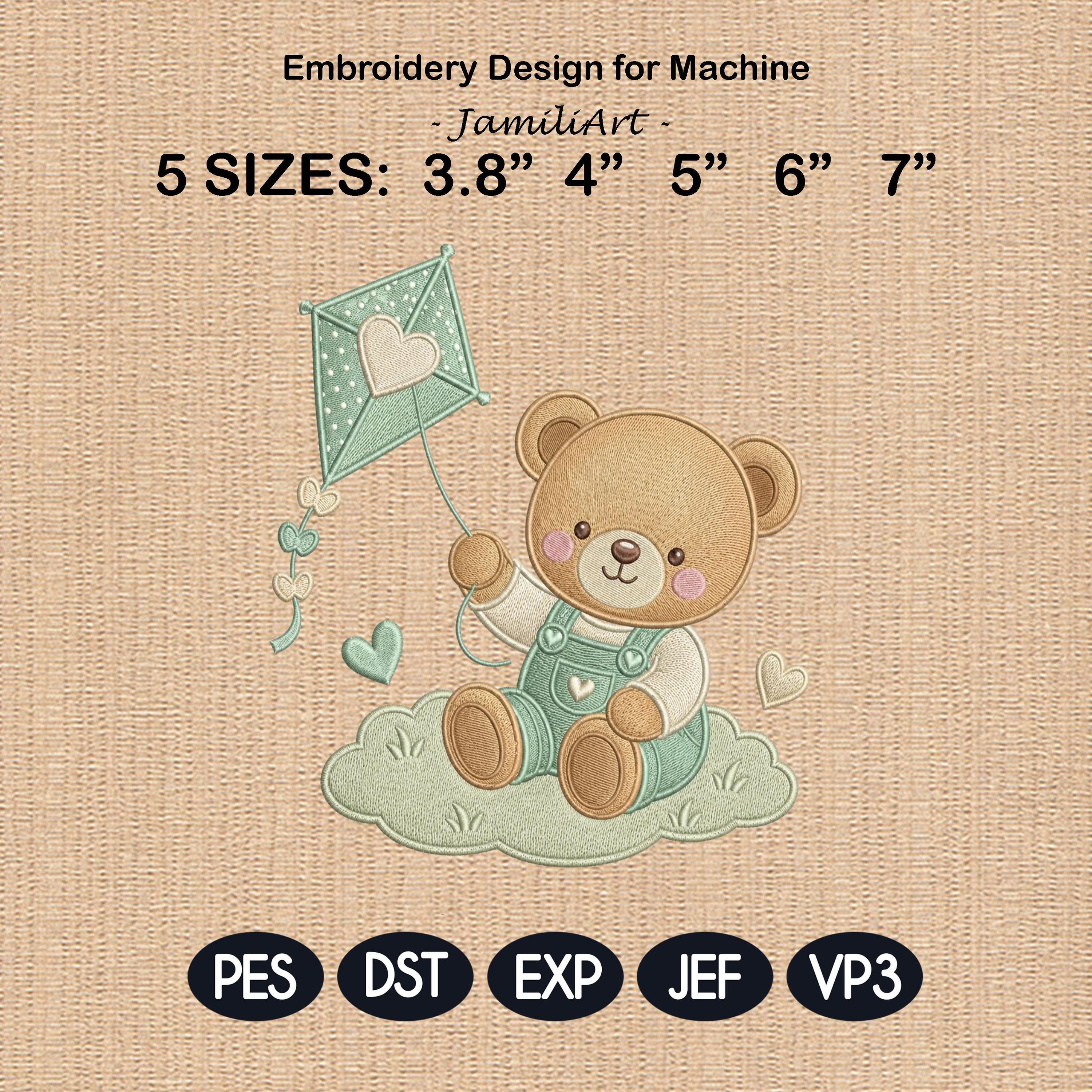 Teddy Bear Kite Embroidery Design, Cute Baby Bear Flying Kite Machine Embroidery File, Nursery Kids Decor, 5 sizes, Digital Download