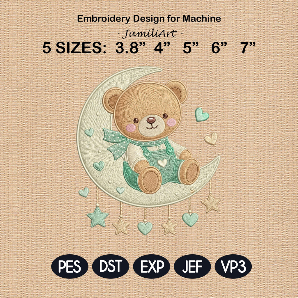 Teddy Bear Moon Embroidery Design, Cute Baby Bear Crescent Moon Machine Embroidery, Nursery Dreamy Kids Decor, 5 sizes, Digital Download