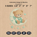 Teddy Bear Moon Embroidery Design, Cute Baby Bear Crescent Moon Machine Embroidery, Nursery Dreamy Kids Decor, 5 sizes, Digital Download