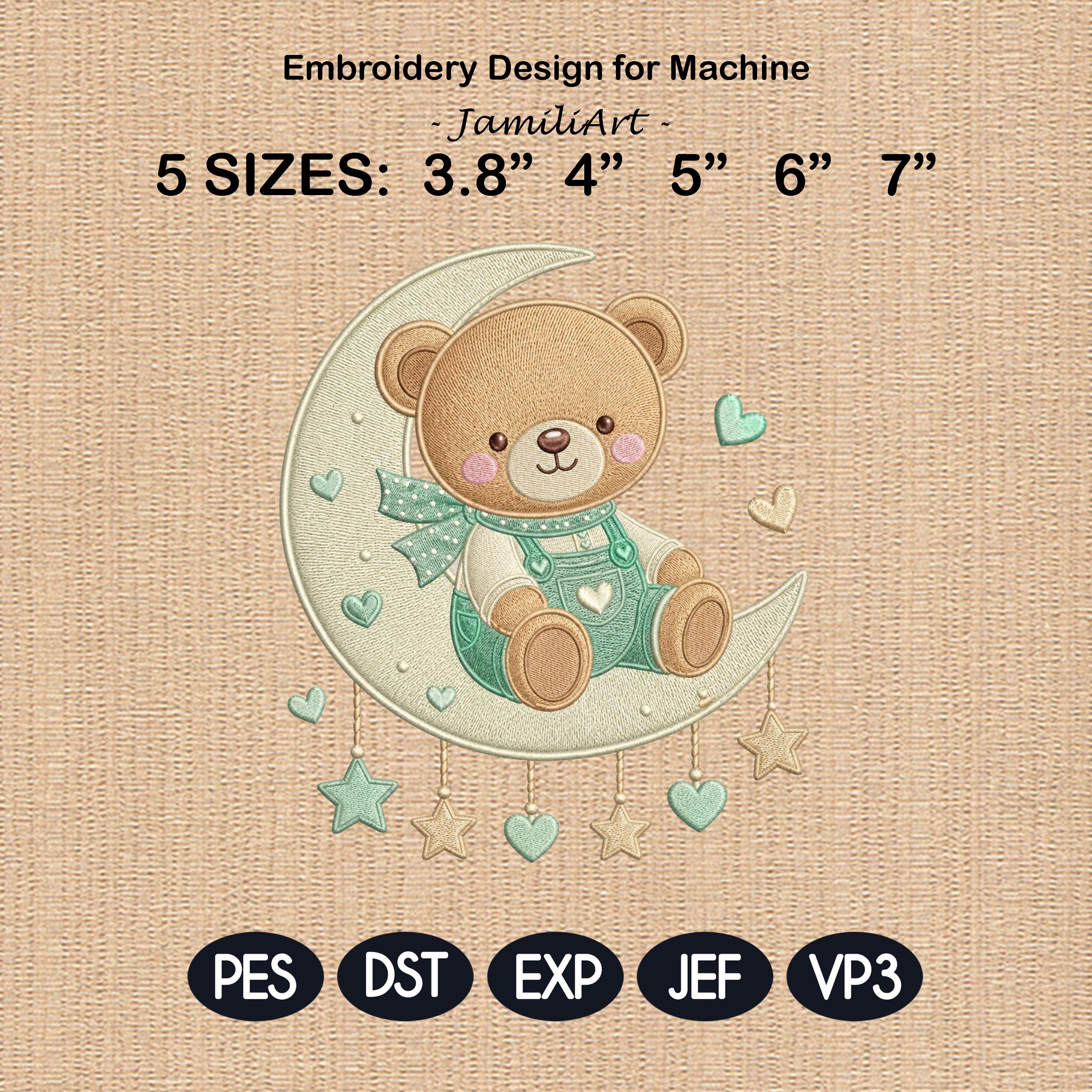 Teddy Bear Moon Embroidery Design, Cute Baby Bear Crescent Moon Machine Embroidery, Nursery Dreamy Kids Decor, 5 sizes, Digital Download