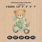 Teddy Bear Scooter Embroidery Design, Cute Baby Bear Riding Vespa Machine Embroidery File, Nursery Kids Decor, 5 sizes, Digital Download