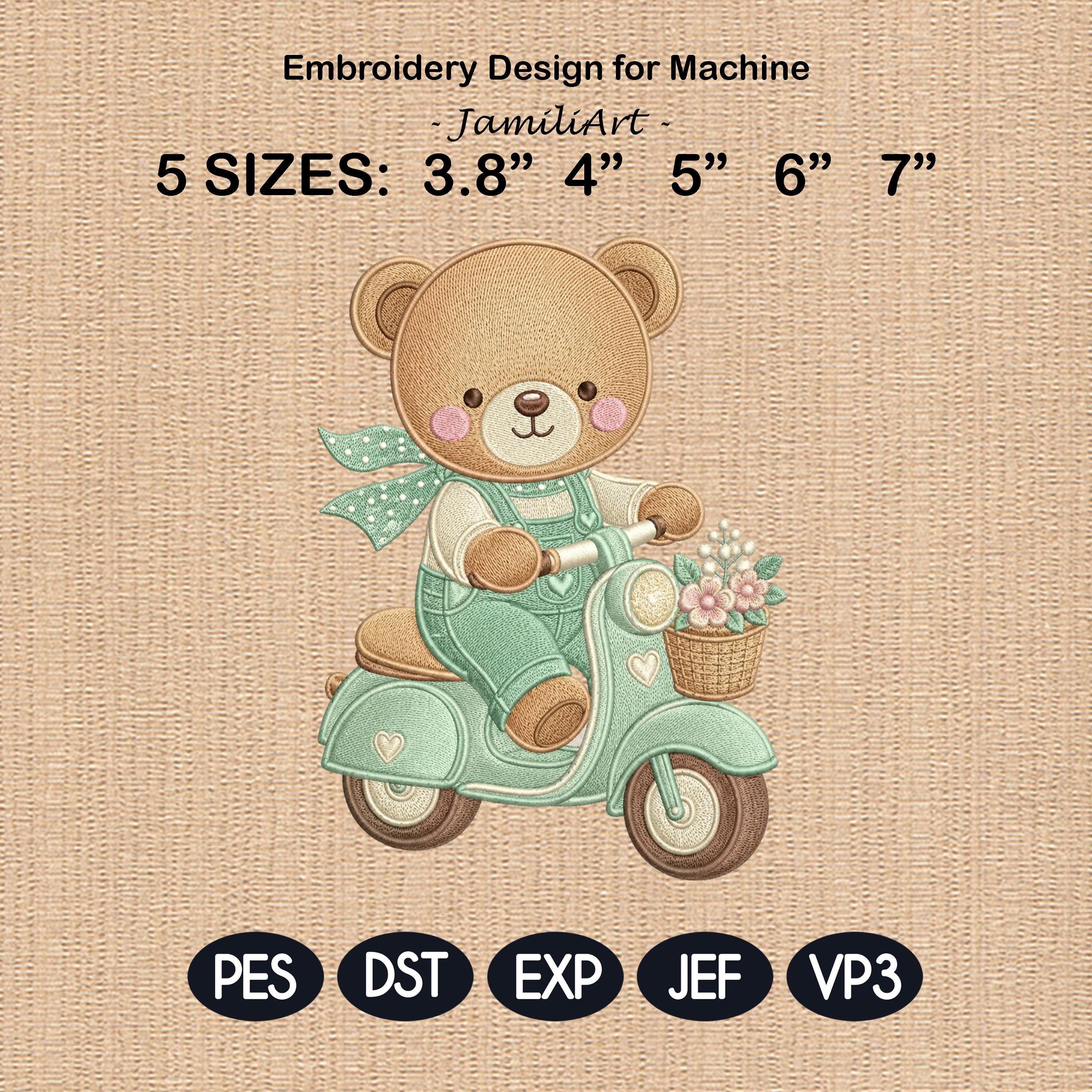 Teddy Bear Scooter Embroidery Design, Cute Baby Bear Riding Vespa Machine Embroidery File, Nursery Kids Decor, 5 sizes, Digital Download