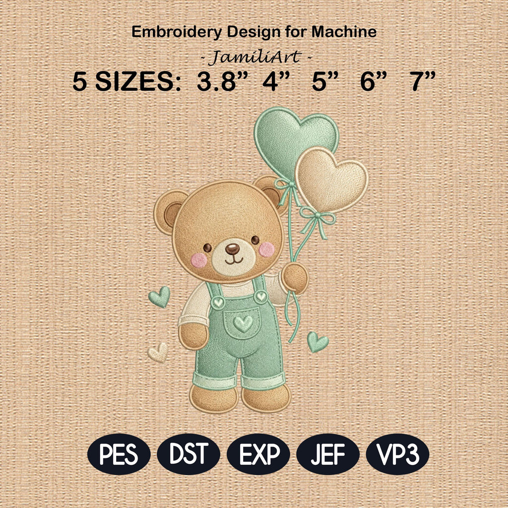 Teddy Bear Heart Balloons Embroidery Design, Cute Baby Bear Machine Embroidery File, Nursery Kids Decor, 5 sizes, Digital Download