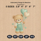 Teddy Bear Heart Balloons Embroidery Design, Cute Baby Bear Machine Embroidery File, Nursery Kids Decor, 5 sizes, Digital Download