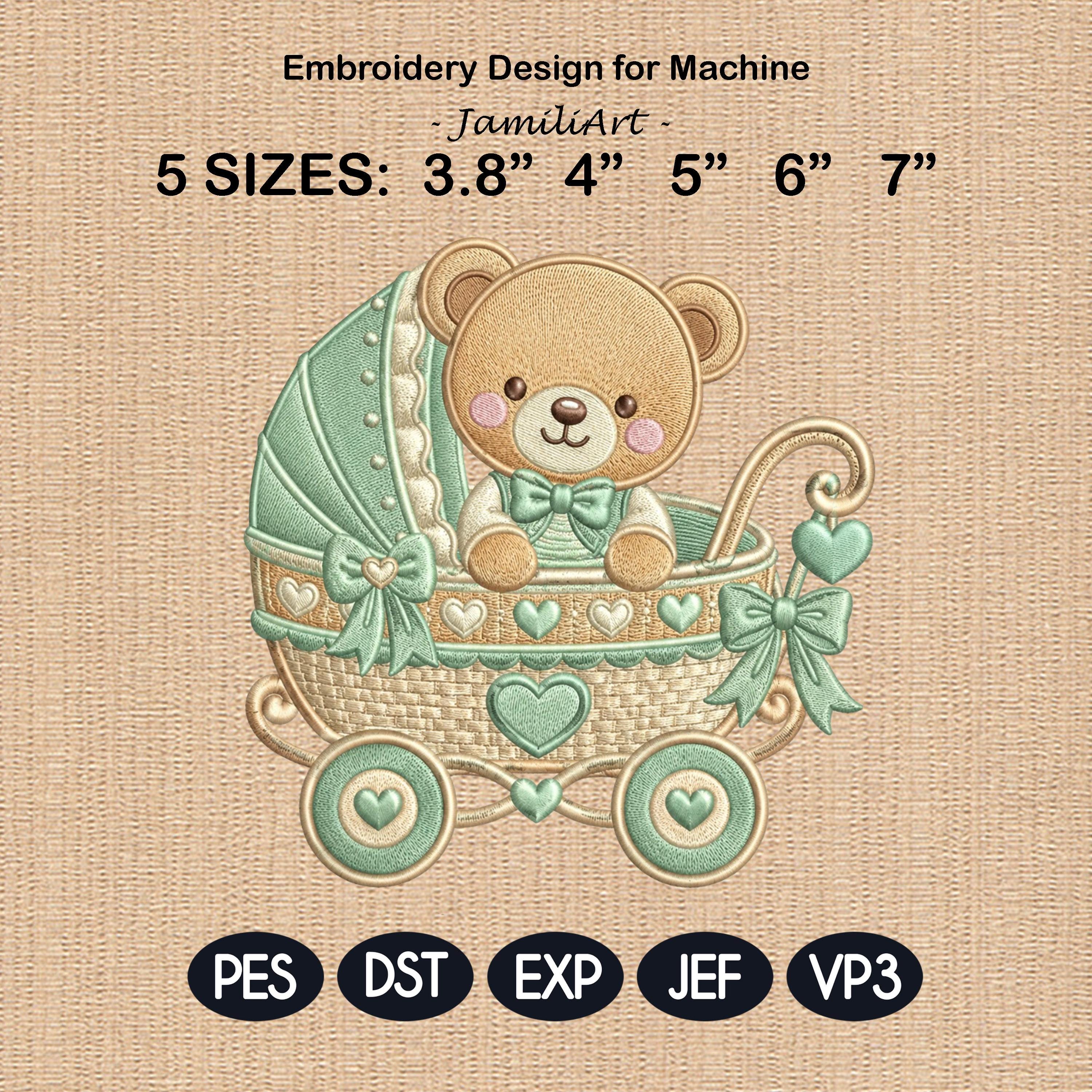 Teddy Bear Baby Stroller Embroidery Design, Cute Nursery Bear Pram Machine Embroidery, Baby Shower Kids Decor, 5 sizes, Digital Download