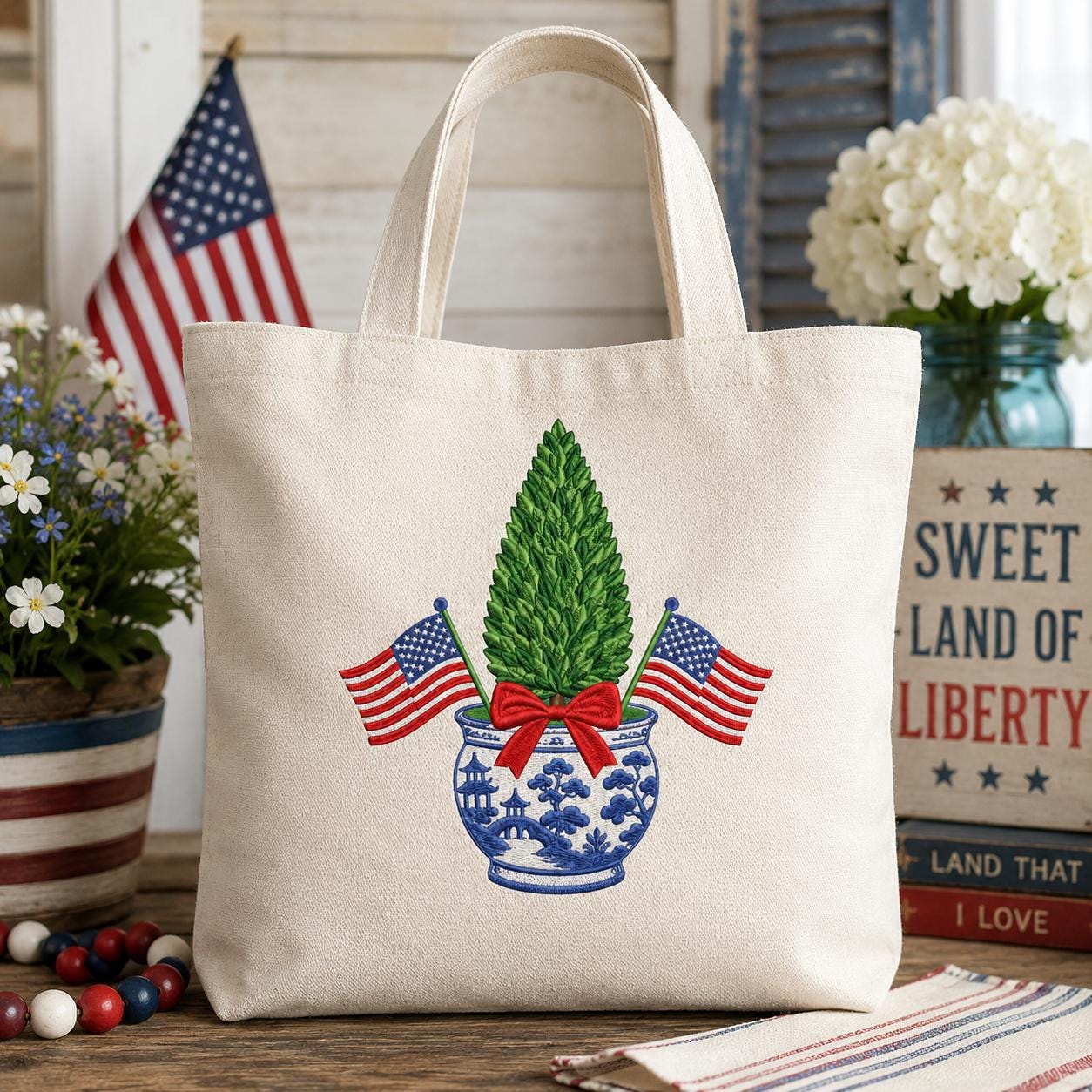 Patriotic Chinoiserie Boxwood Tree Embroidery Design, 4th of July American Flag Topiary Machine Embroidery File, 5 sizes, Digital Download - image 3