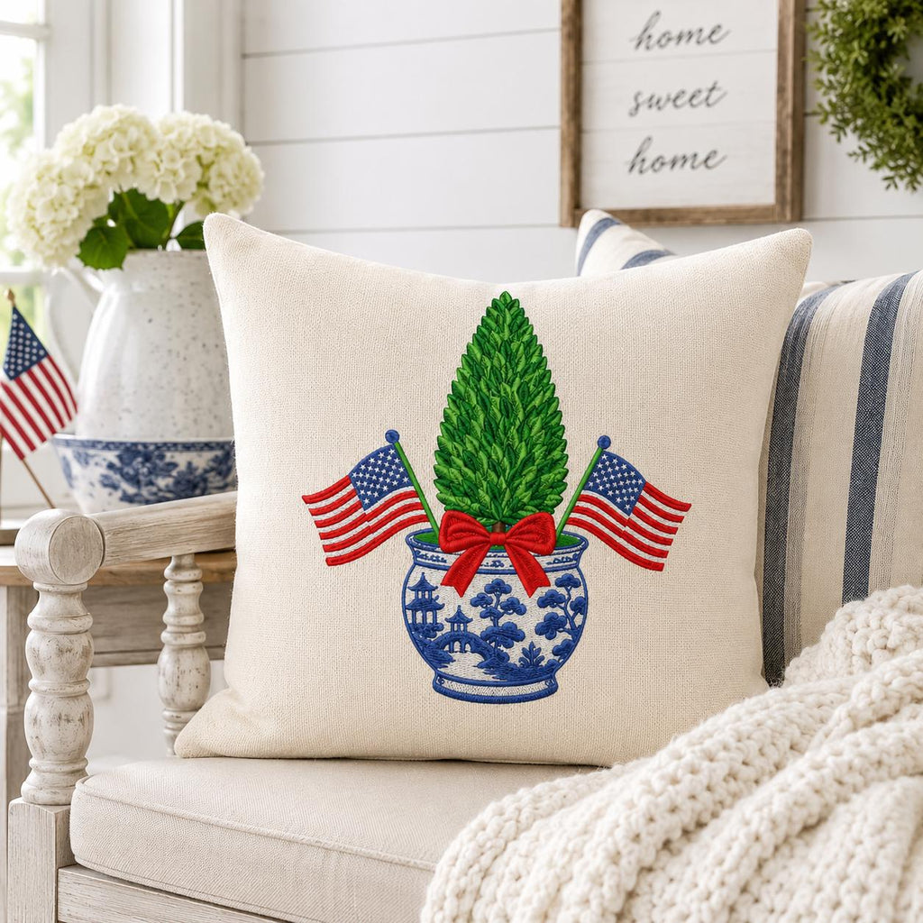 Patriotic Chinoiserie Boxwood Tree Embroidery Design, 4th of July American Flag Topiary Machine Embroidery File, 5 sizes, Digital Download - image 5