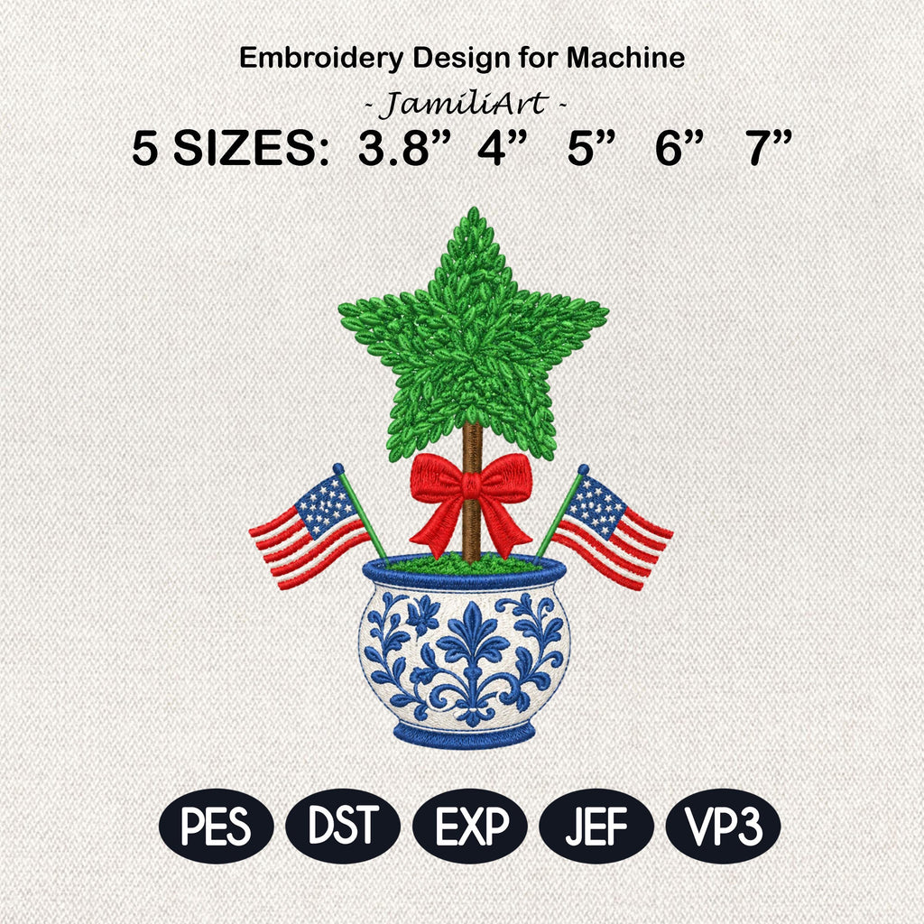4th of July Star Topiary Embroidery Design, Patriotic Chinoiserie Vase Machine Embroidery File, American Flag Bow, 5 sizes, Digital Download