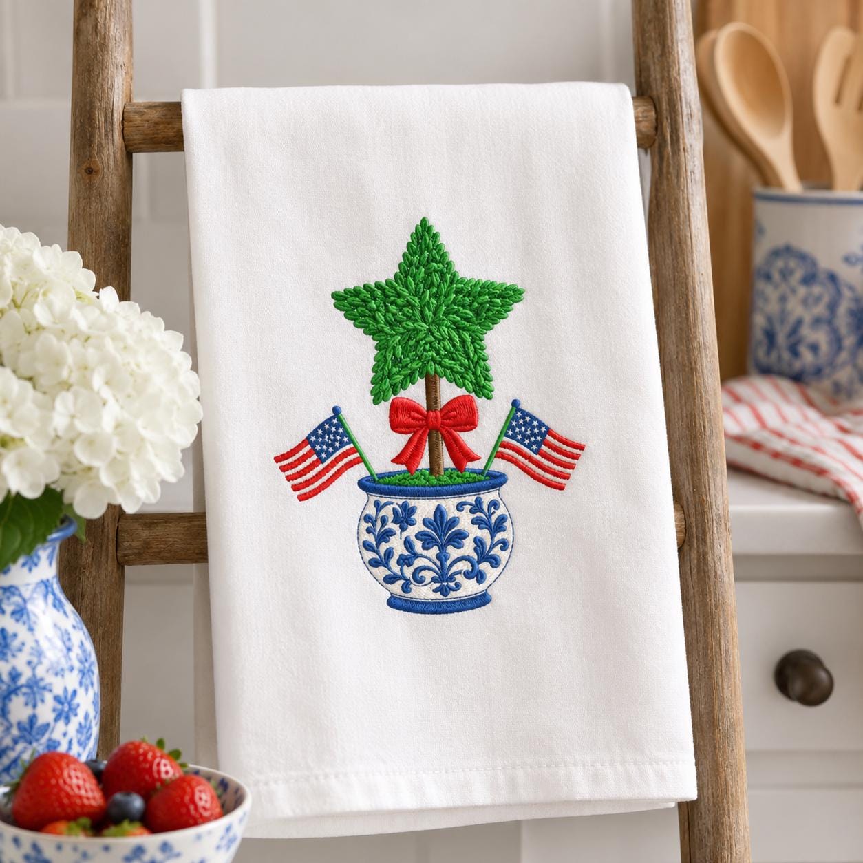 4th of July Star Topiary Embroidery Design, Patriotic Chinoiserie Vase Machine Embroidery File, American Flag Bow, 5 sizes, Digital Download - image 3