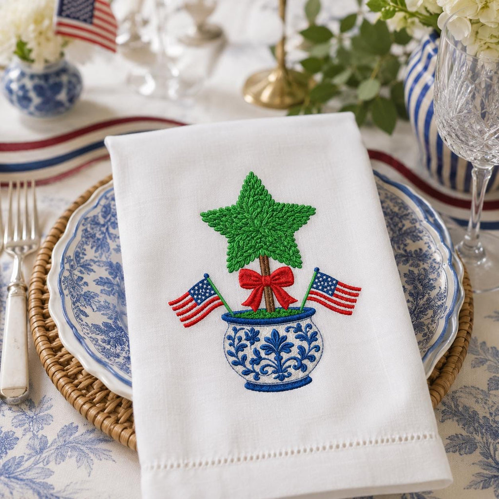 4th of July Star Topiary Embroidery Design, Patriotic Chinoiserie Vase Machine Embroidery File, American Flag Bow, 5 sizes, Digital Download - image 7
