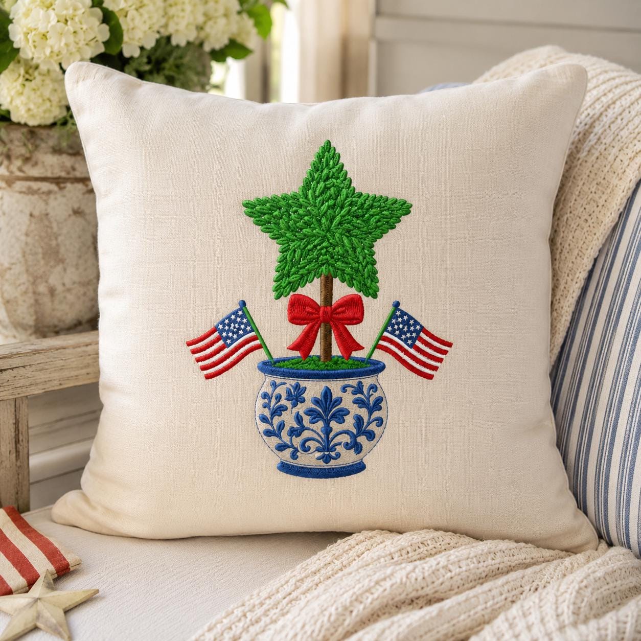 4th of July Star Topiary Embroidery Design, Patriotic Chinoiserie Vase Machine Embroidery File, American Flag Bow, 5 sizes, Digital Download - image 4