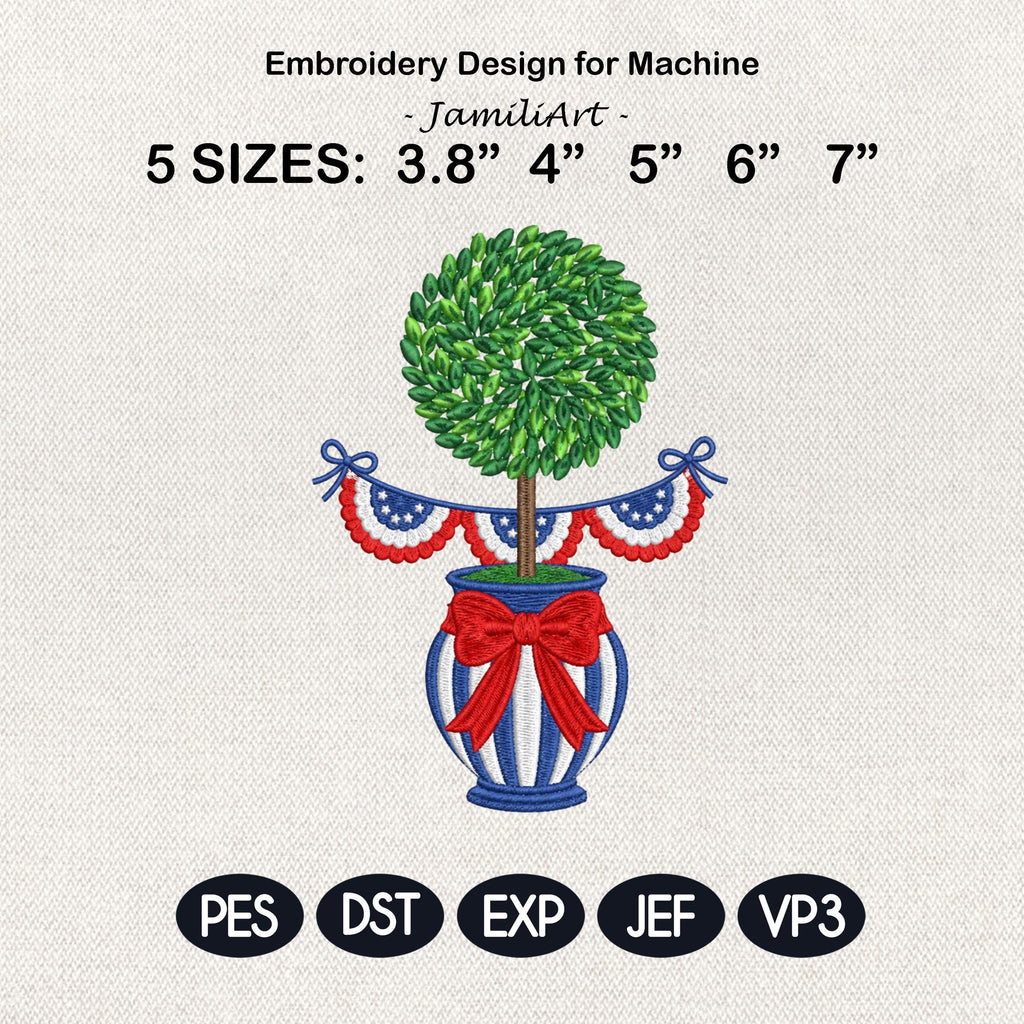 Patriotic Topiary Embroidery Design, 4th of July Chinoiserie Vase Machine File, American Bunting Bow Stitch, 5 sizes, Digital Download