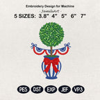 Patriotic Topiary Embroidery Design, 4th of July Chinoiserie Vase Machine File, American Bunting Bow Stitch, 5 sizes, Digital Download