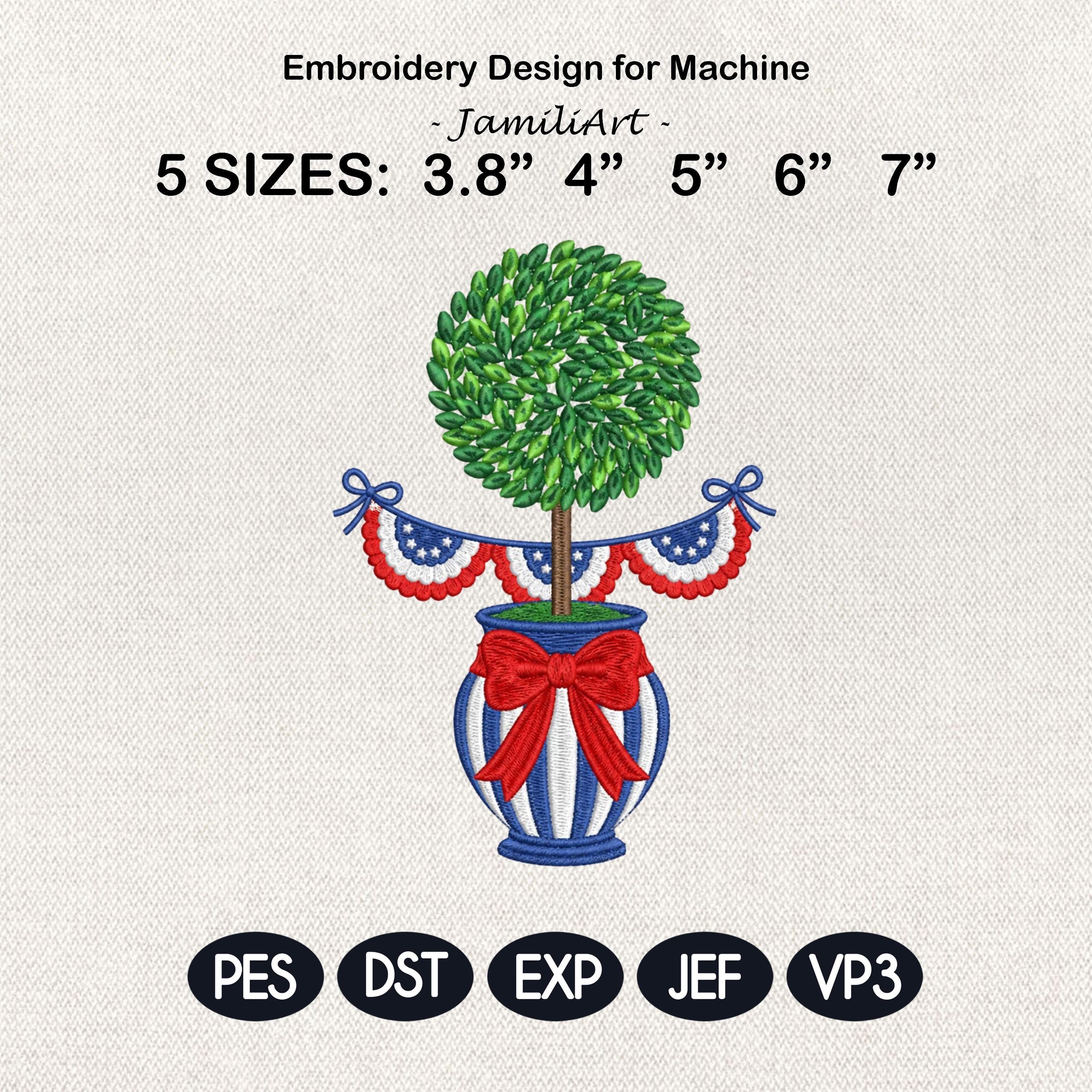 Patriotic Topiary Embroidery Design, 4th of July Chinoiserie Vase Machine File, American Bunting Bow Stitch, 5 sizes, Digital Download