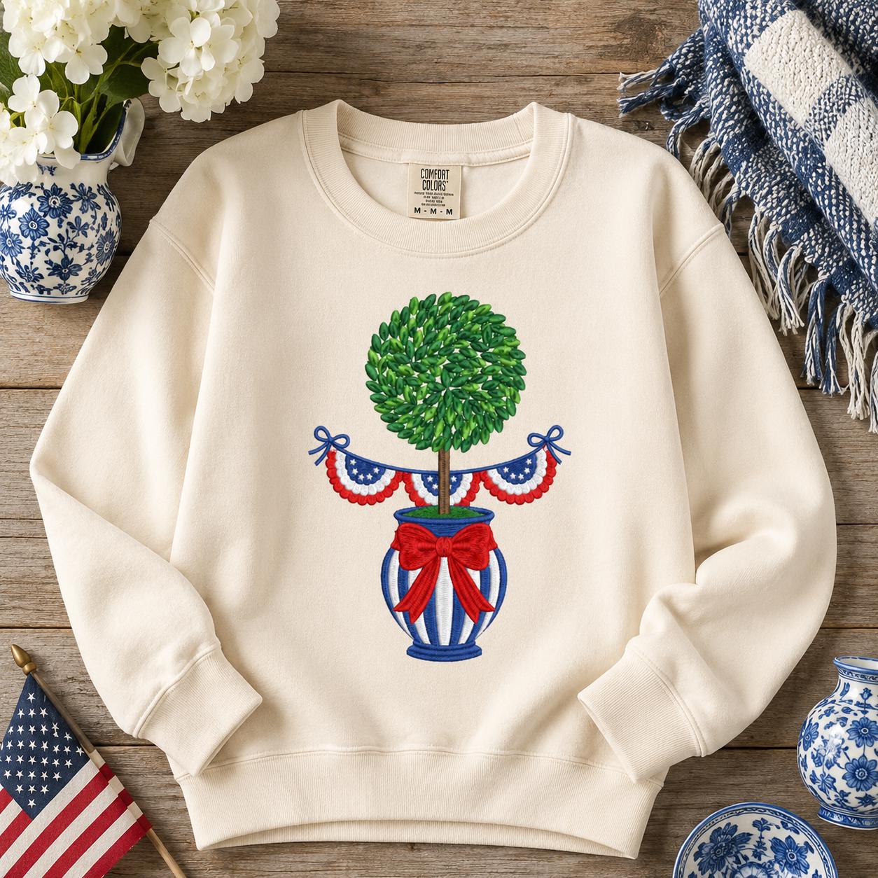 Patriotic Topiary Embroidery Design, 4th of July Chinoiserie Vase Machine File, American Bunting Bow Stitch, 5 sizes, Digital Download - image 6