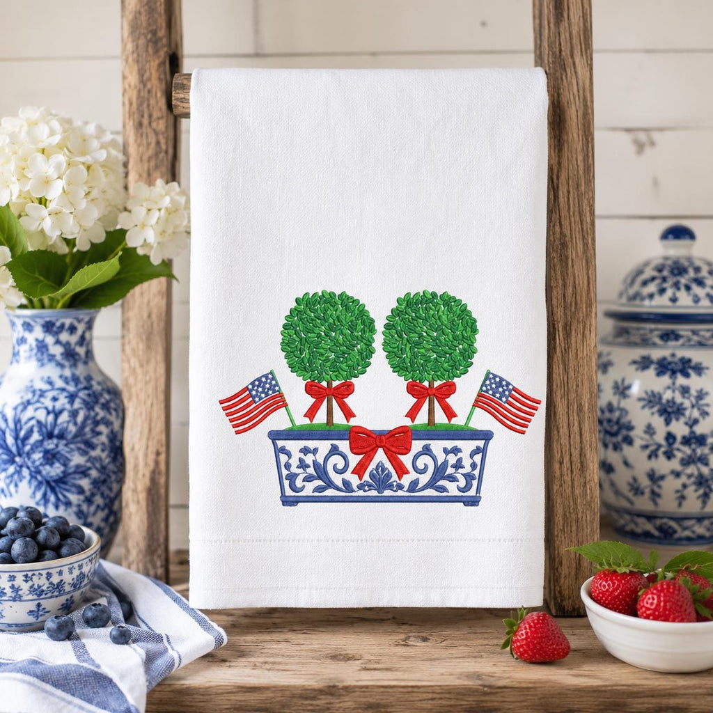 Double Boxwood Tree Embroidery Design, Patriotic Chinoiserie Planter Machine File, 4th July Flag Bow Topiary, 5 sizes, Digital Download - image 3
