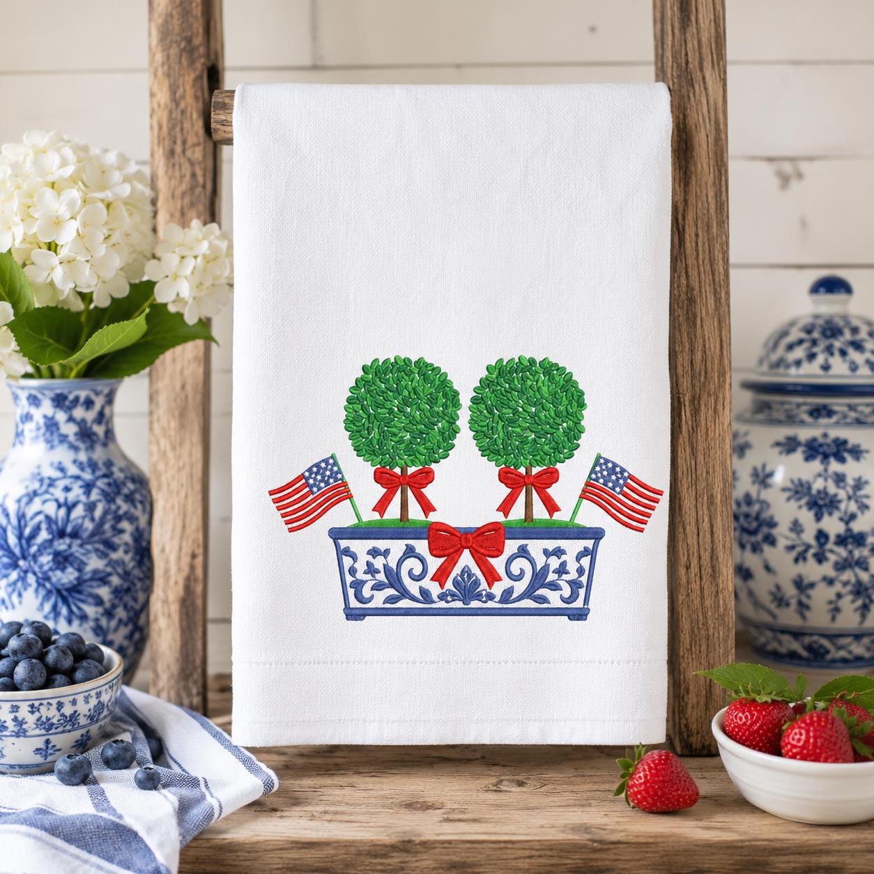 Double Boxwood Tree Embroidery Design, Patriotic Chinoiserie Planter Machine File, 4th July Flag Bow Topiary, 5 sizes, Digital Download - image 3