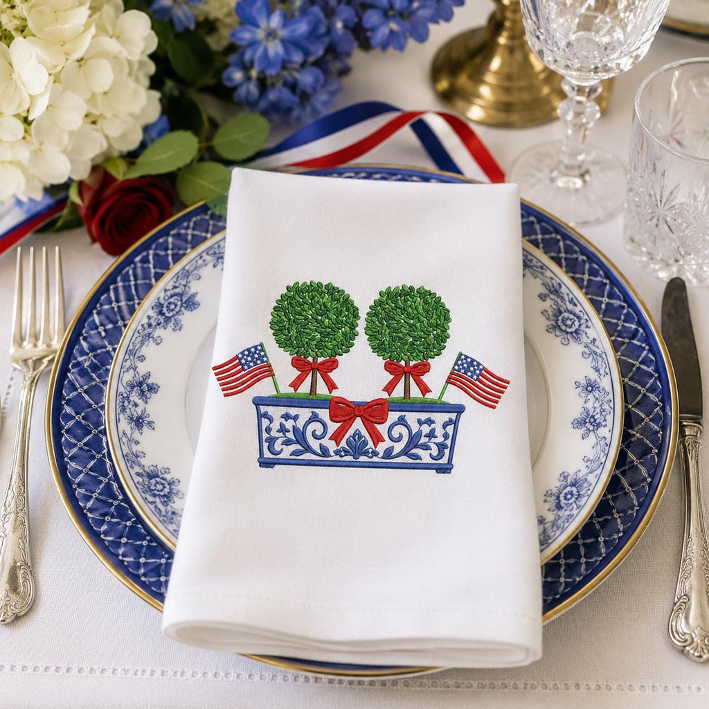Double Boxwood Tree Embroidery Design, Patriotic Chinoiserie Planter Machine File, 4th July Flag Bow Topiary, 5 sizes, Digital Download - image 7