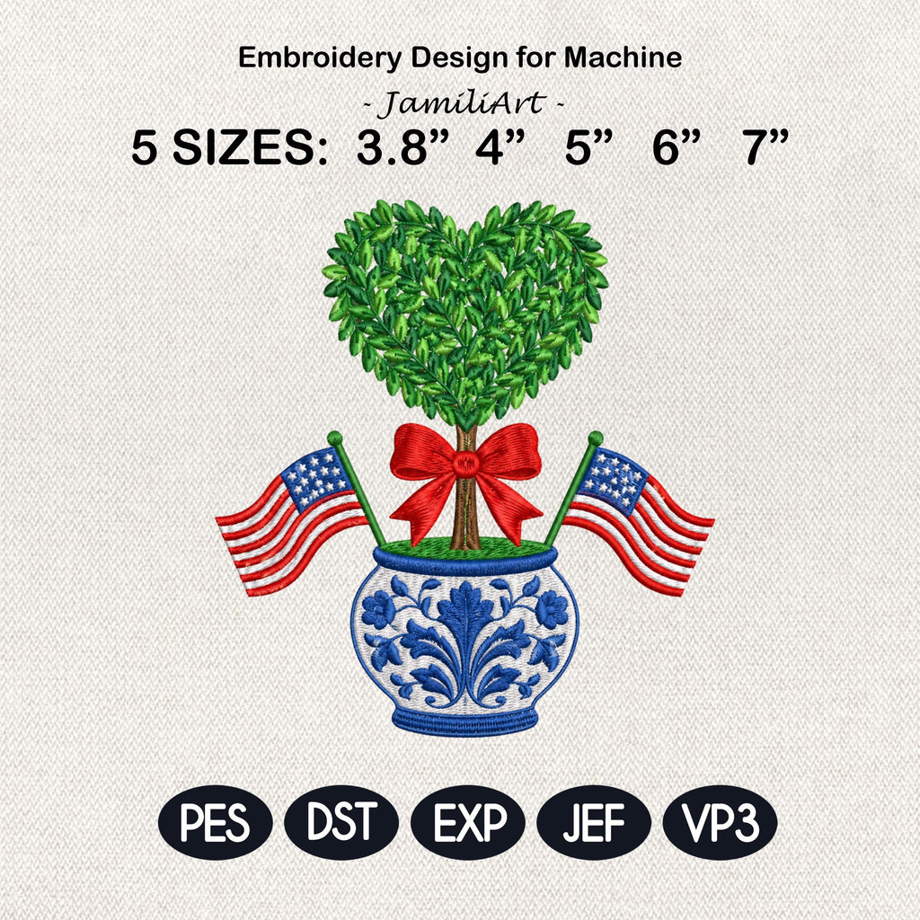 Heart Boxwood Topiary Embroidery Design, Patriotic Chinoiserie Vase Machine File, American Flag 4th of July Bow, 5 sizes, Digital Download