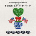 Heart Boxwood Topiary Embroidery Design, Patriotic Chinoiserie Vase Machine File, American Flag 4th of July Bow, 5 sizes, Digital Download