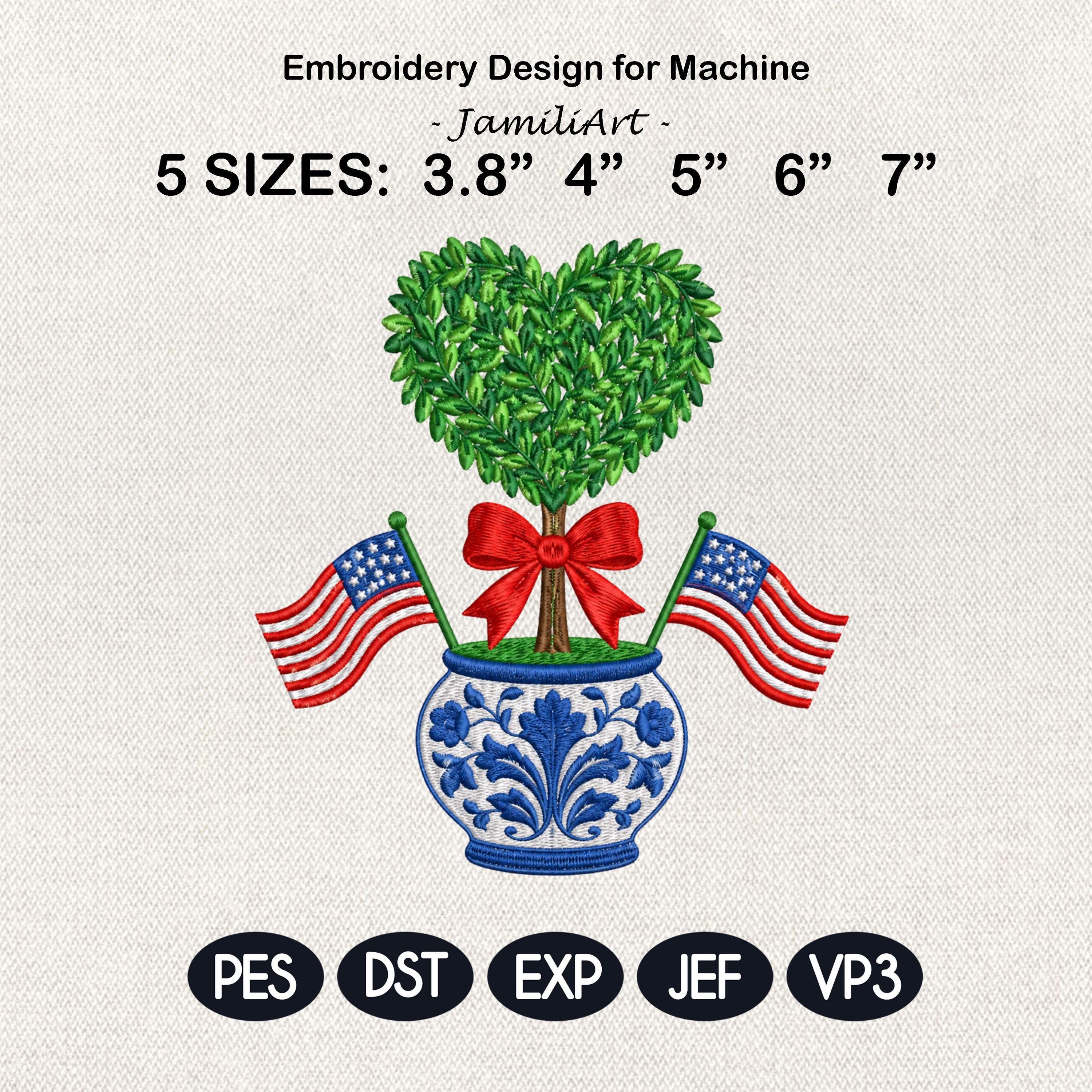 Heart Boxwood Topiary Embroidery Design, Patriotic Chinoiserie Vase Machine File, American Flag 4th of July Bow, 5 sizes, Digital Download