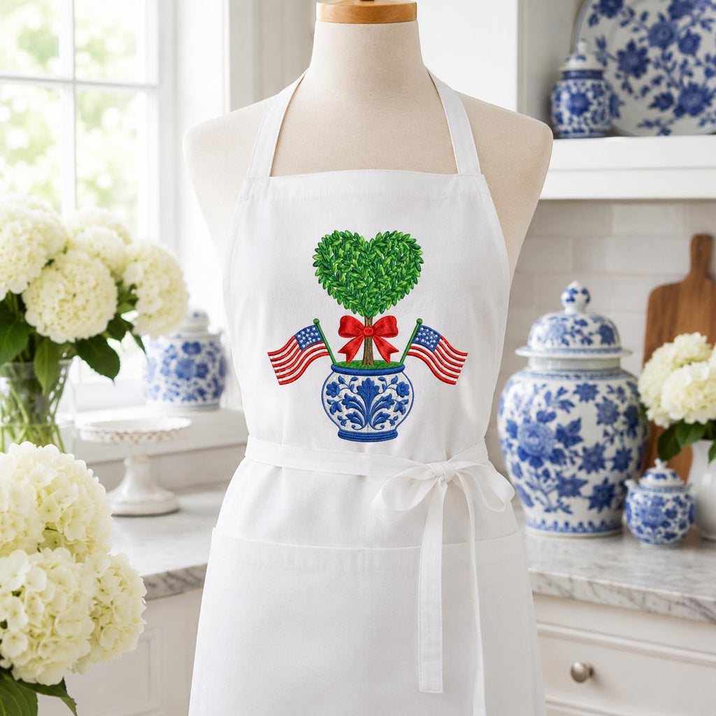 Heart Boxwood Topiary Embroidery Design, Patriotic Chinoiserie Vase Machine File, American Flag 4th of July Bow, 5 sizes, Digital Download - image 6