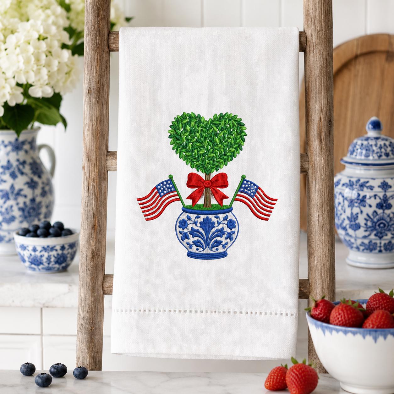 Heart Boxwood Topiary Embroidery Design, Patriotic Chinoiserie Vase Machine File, American Flag 4th of July Bow, 5 sizes, Digital Download - image 3