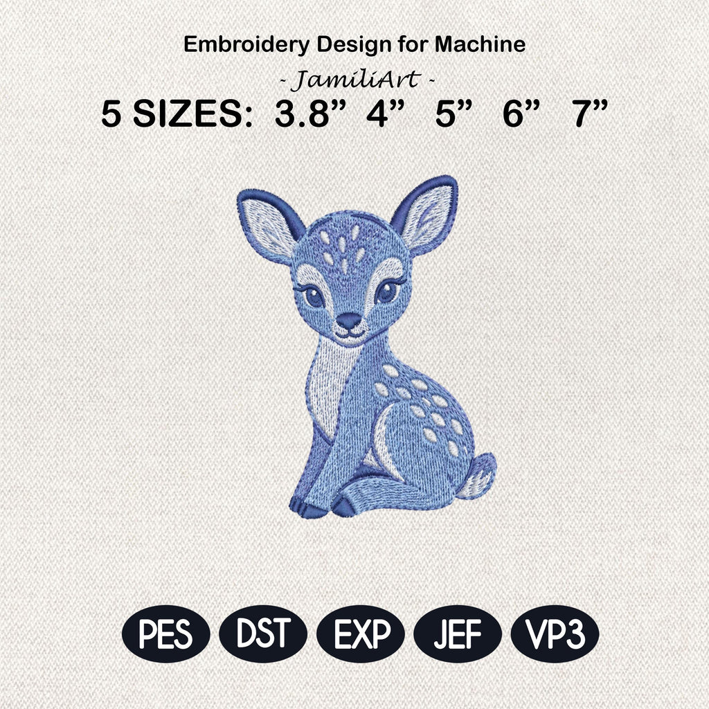 Chinoiserie Deer Embroidery Design, Blue Fawn Woodland Animal Machine Embroidery File, Preppy Nursery File, 5 sizes, Digital Download