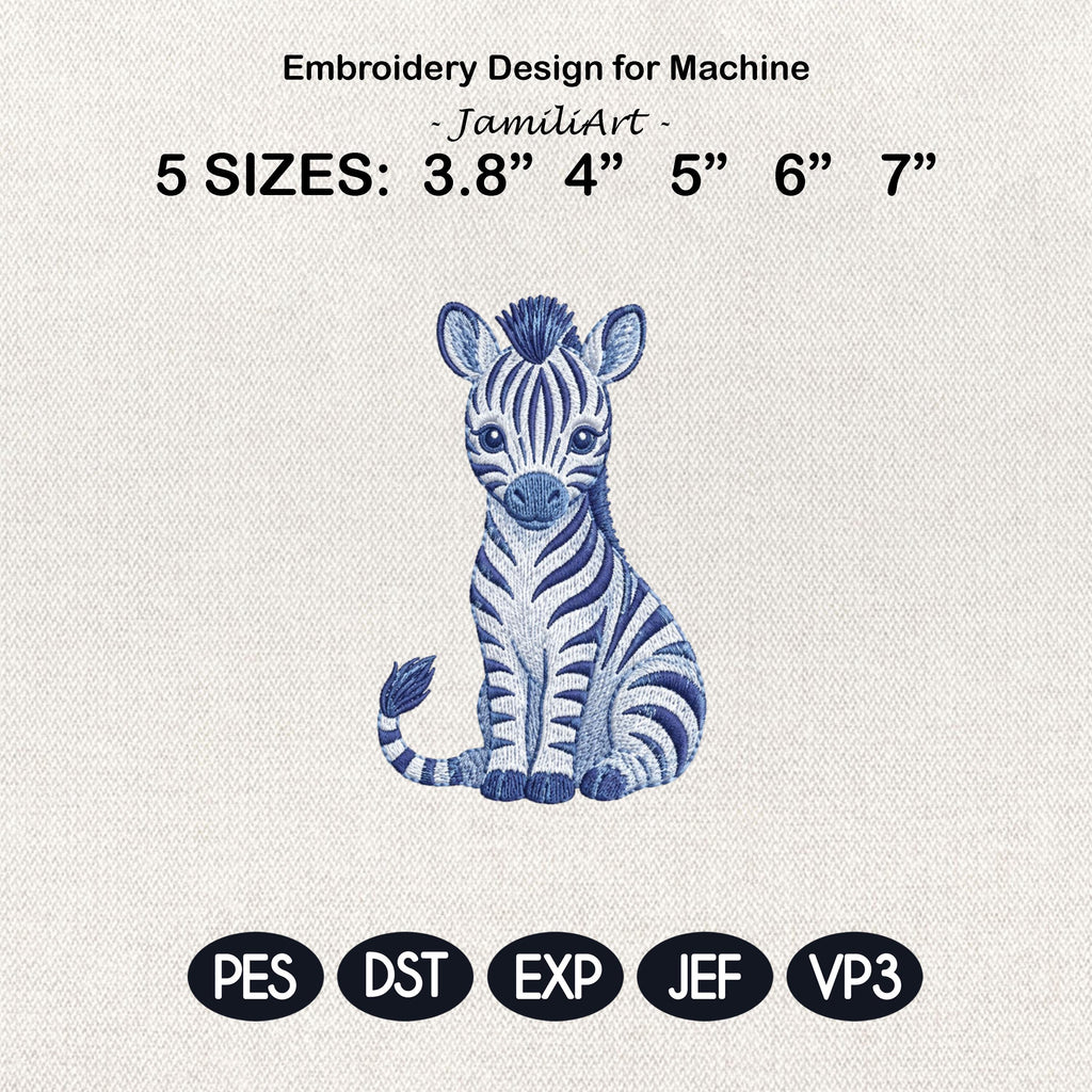 Chinoiserie Zebra Embroidery Design, Blue Safari Animal Machine Embroidery File, Preppy Nursery File, 5 sizes, Digital Download