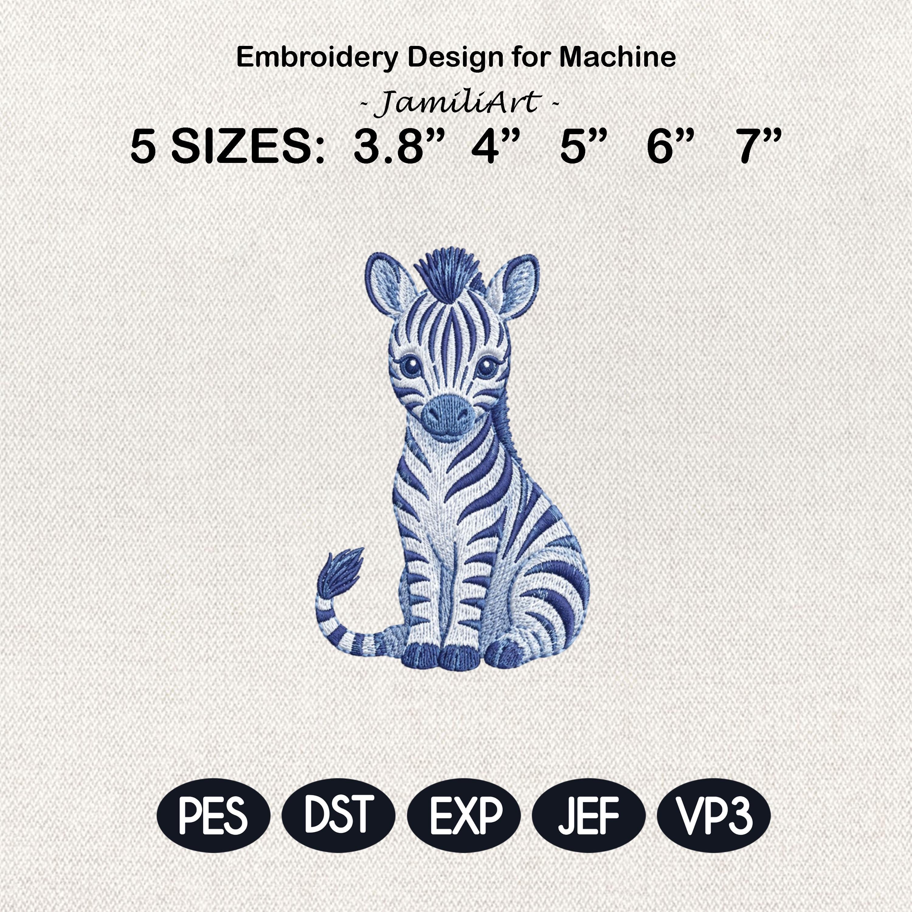 Chinoiserie Zebra Embroidery Design, Blue Safari Animal Machine Embroidery File, Preppy Nursery File, 5 sizes, Digital Download