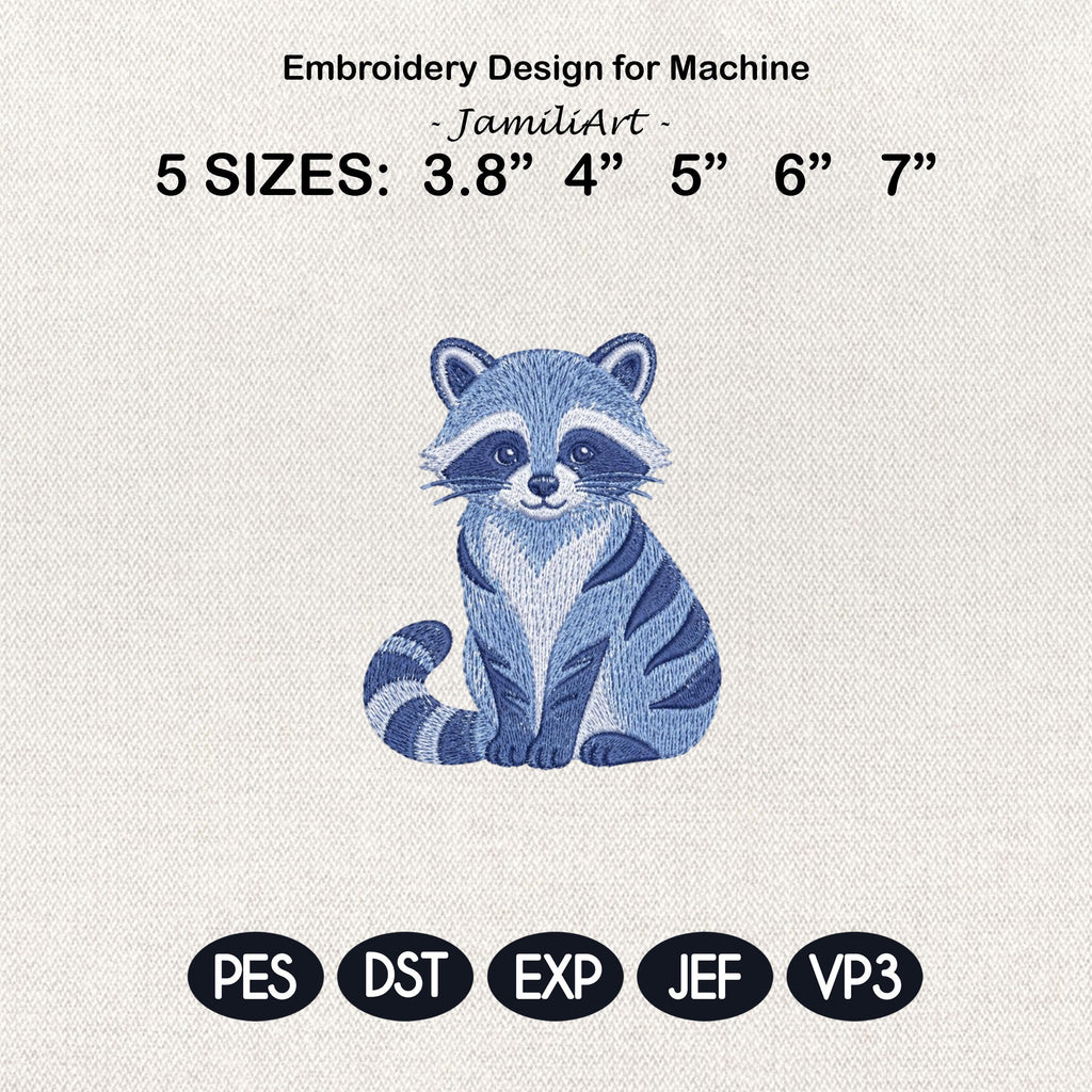 Chinoiserie Raccoon Embroidery Design, Blue Woodland Animal Machine Embroidery File, Preppy Nursery File, 5 sizes, Digital Download