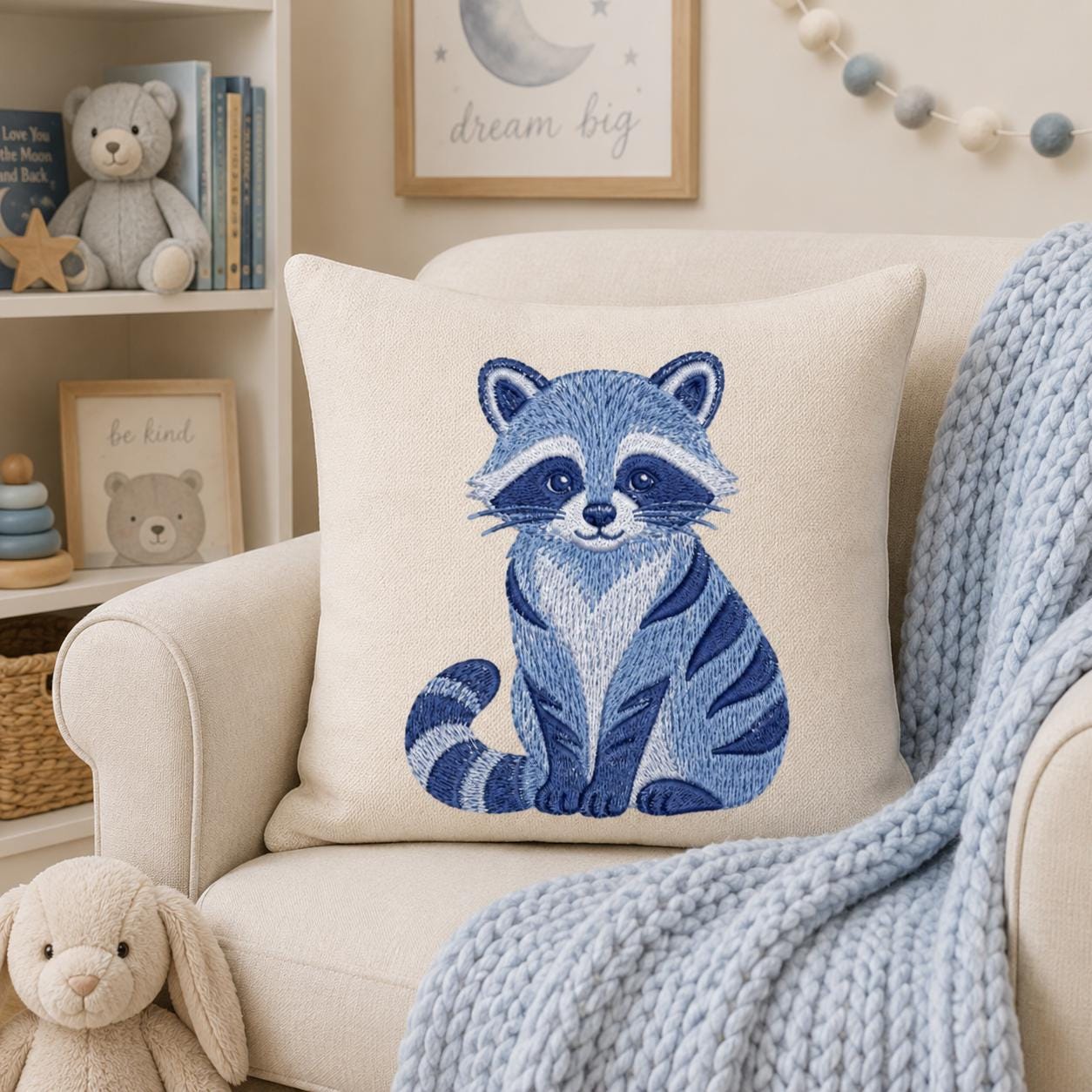 Chinoiserie Raccoon Embroidery Design, Blue Woodland Animal Machine Embroidery File, Preppy Nursery File, 5 sizes, Digital Download - image 5