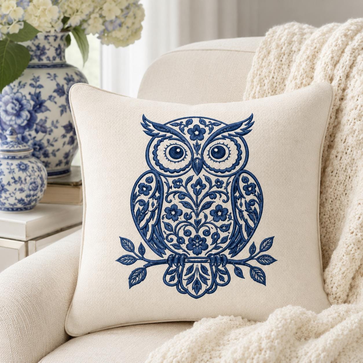 Chinoiserie Owl Embroidery Design, Blue Floral Owl Machine Embroidery File, Preppy Bird Stitch, 5 sizes, Digital Download - image 3