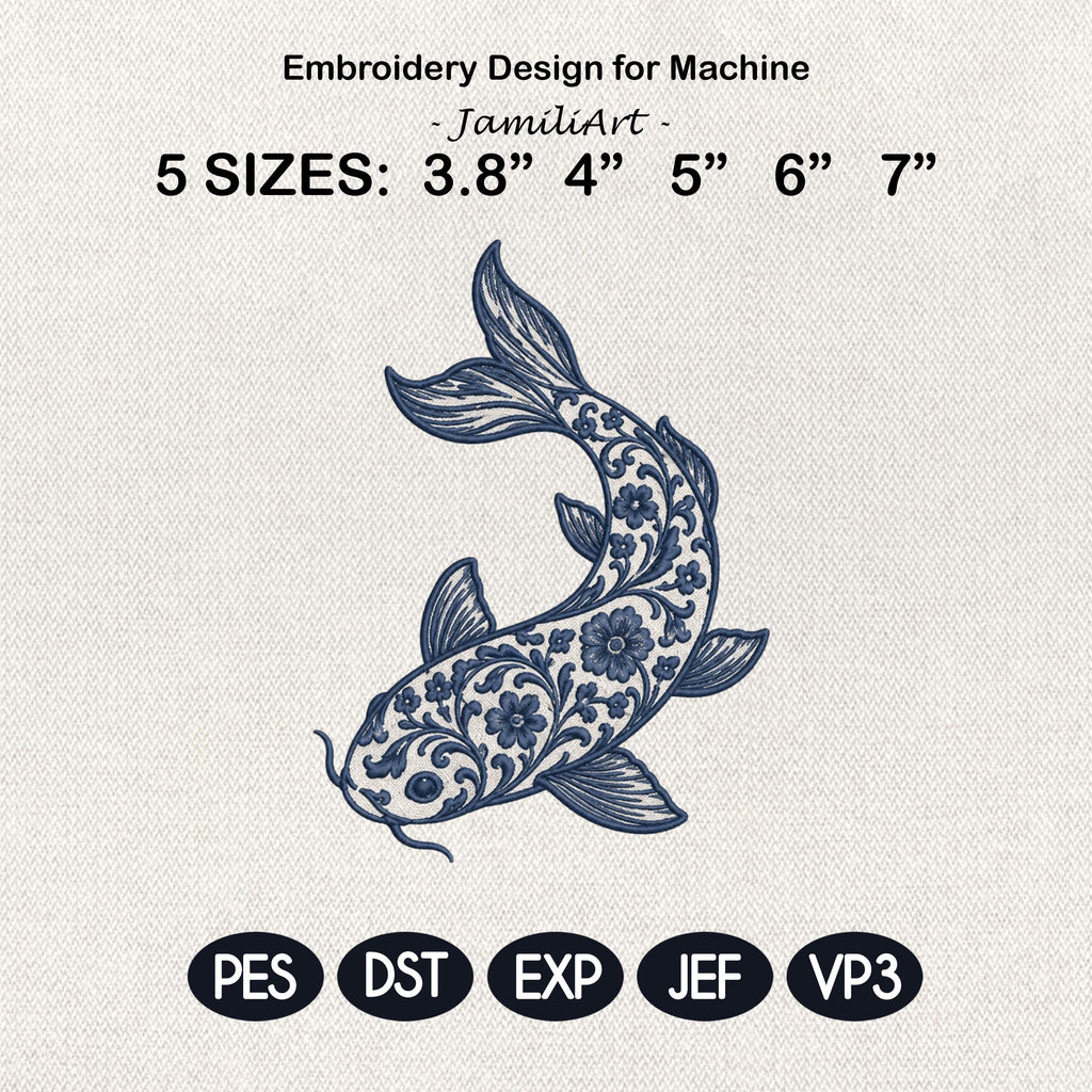 Chinoiserie Koi Fish Embroidery Design, Blue Floral Fish Machine Embroidery File, Asian Inspired Stitch Art, 5 sizes, Digital Download