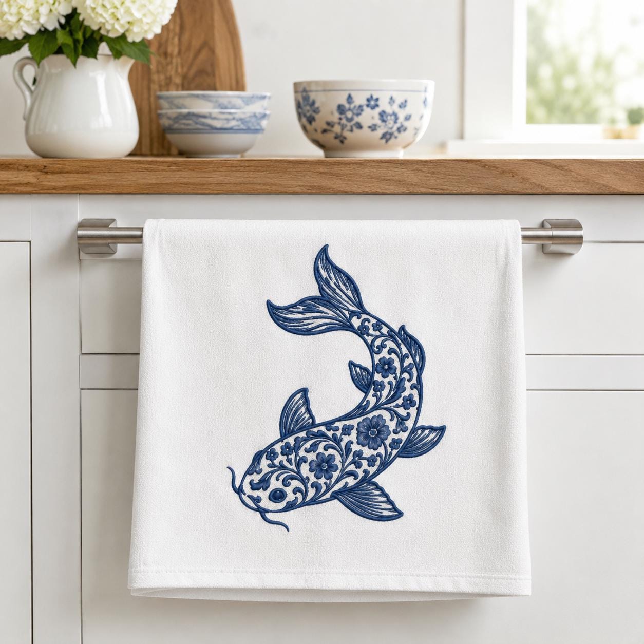 Chinoiserie Koi Fish Embroidery Design, Blue Floral Fish Machine Embroidery File, Asian Inspired Stitch Art, 5 sizes, Digital Download - image 5